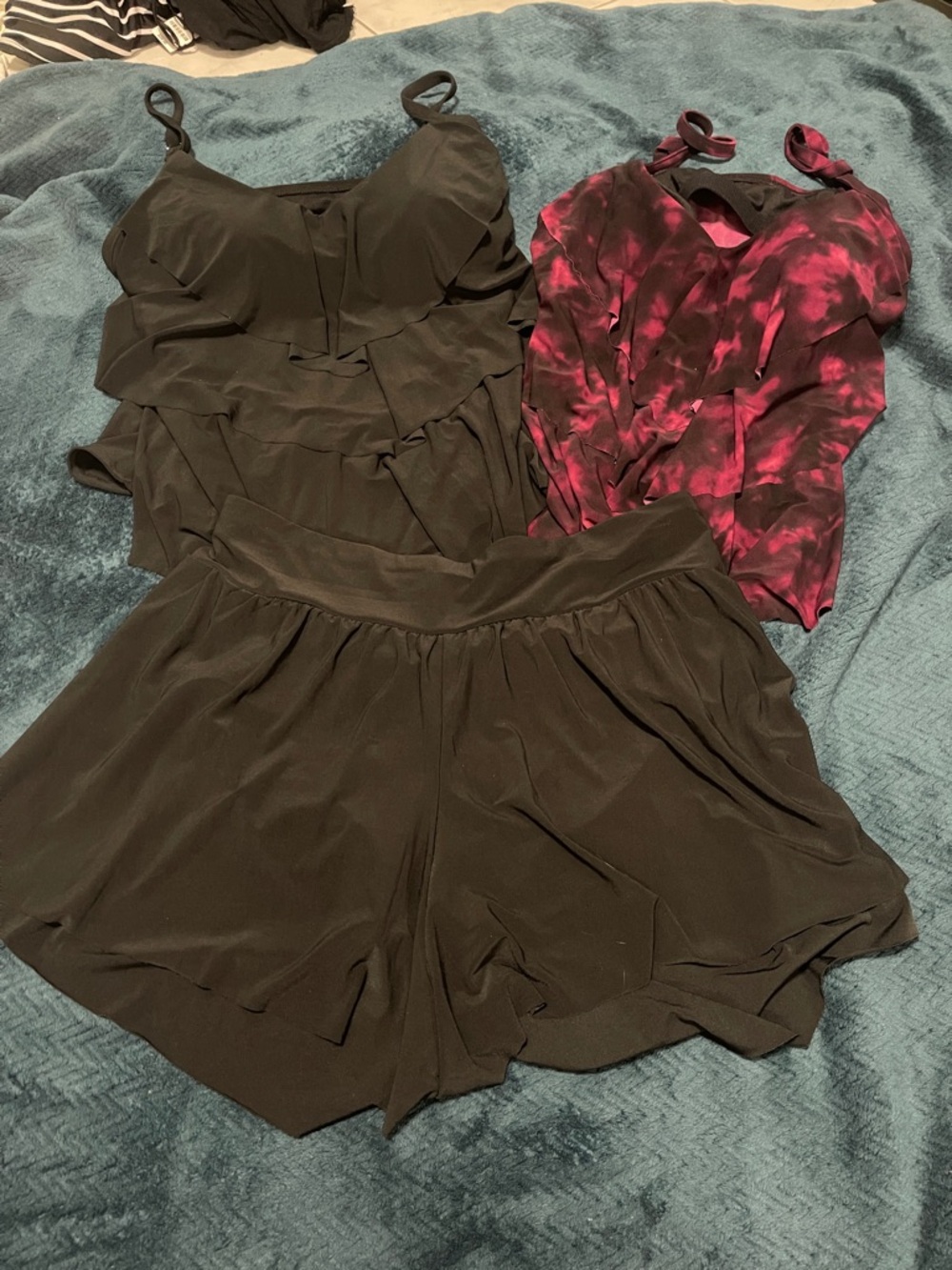 Black Ruffle Tankini Top  and Swim Shorts Set with Pink Tie-Dye Tankini Top